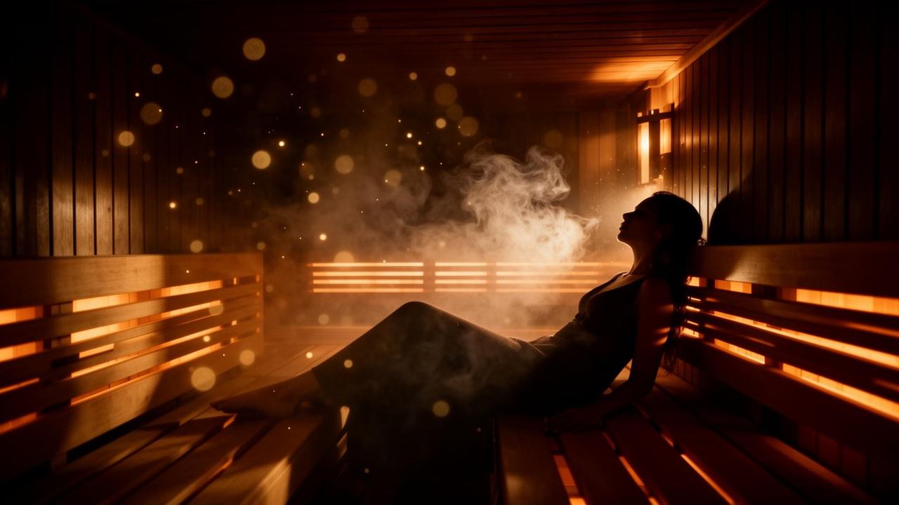 Maßgefertigte Sauna von woodsense Luxuriöse Sauna-Atmosphäre mit warmem Licht und aufsteigendem Dampf - woodsense Saunabau Bielefeld